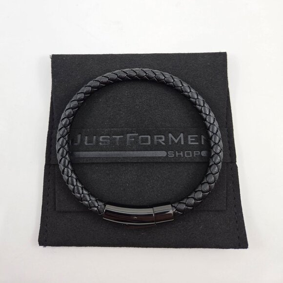 Black Leather Braided Bracelet with Stainless Steel Locking Clasp - Picture 5 of 7